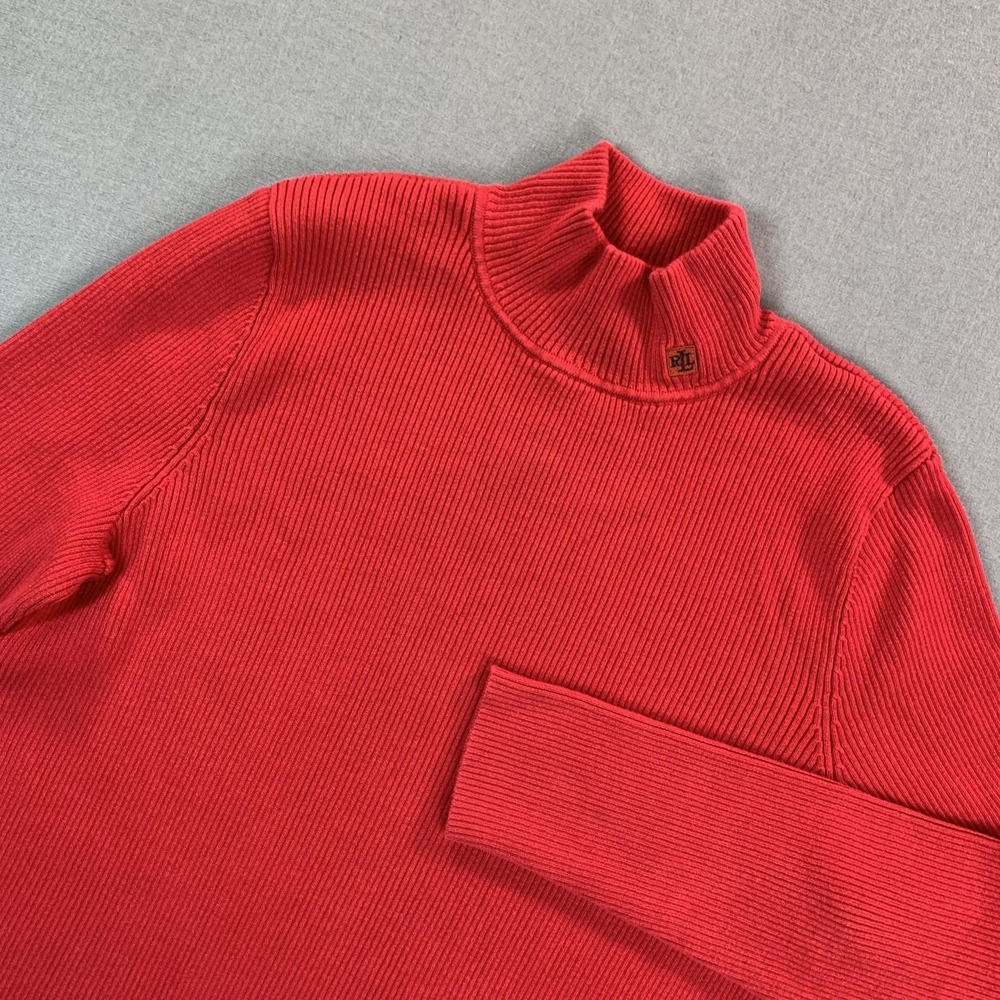 Lauren Ralph Lauren Sweater Womens 2X (FITS LG) Red Mock Neck Ribbed Knit Cotton